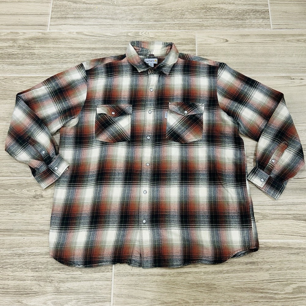 Carhartt Brown Plaid Flannel Shirt Pearl Snaps Men's Size 2XL